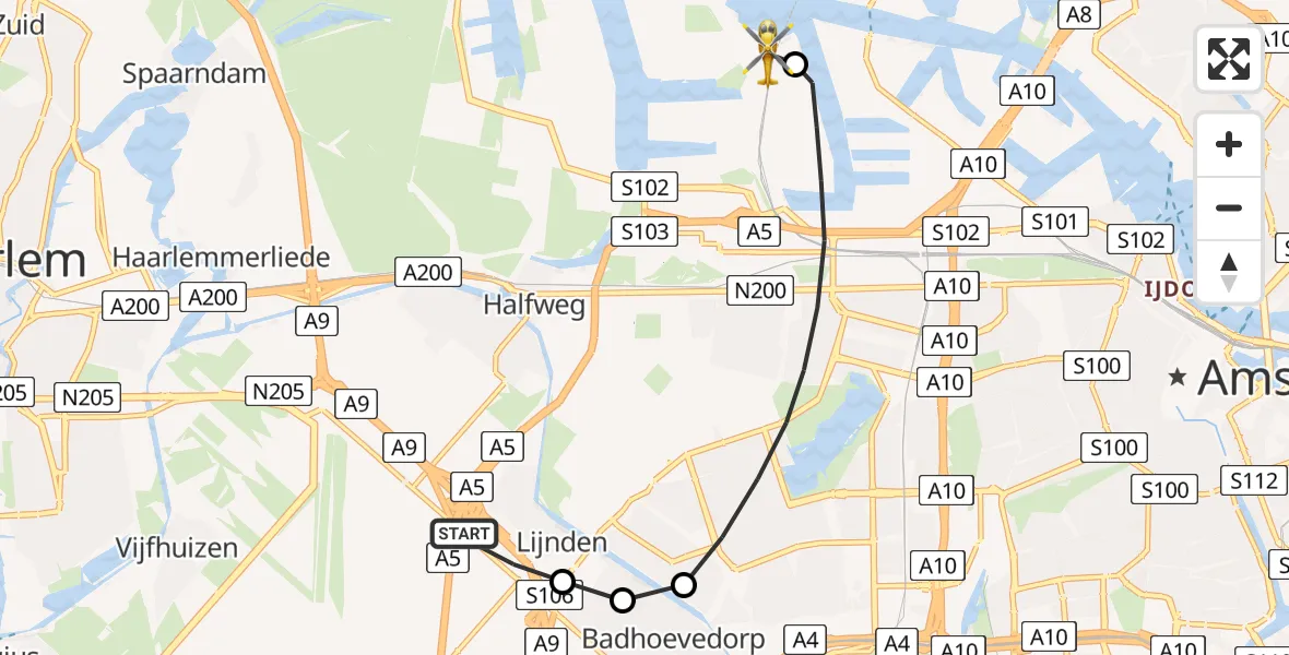 Vluchtroute Traumahelikopter Amsterdam Vliegveld Schiphol - Amsterdam Heliport, 06 juli 2026, 09:01