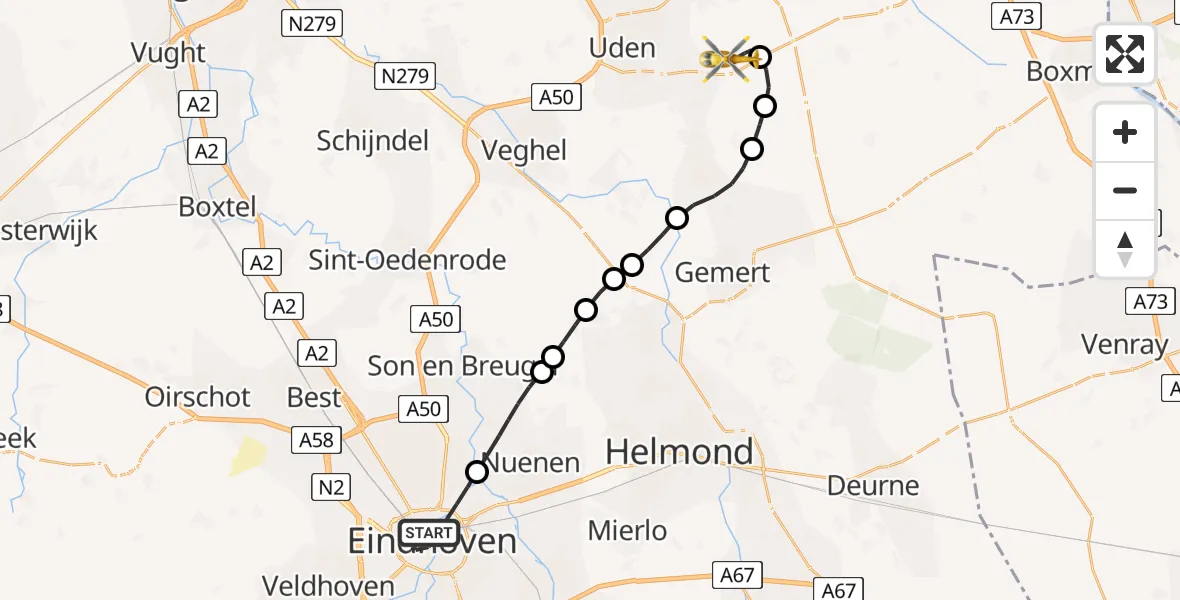 Vluchtroute Traumahelikopter Eindhoven - Vliegbasis Volkel, 06 juli 2026, 09:44