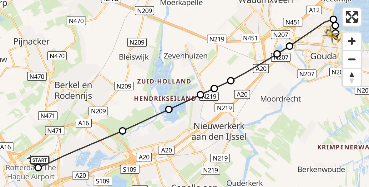 Vluchtroute Traumahelikopter Rotterdam The Hague Airport - Gouda, 06 juli 2026, 09:59