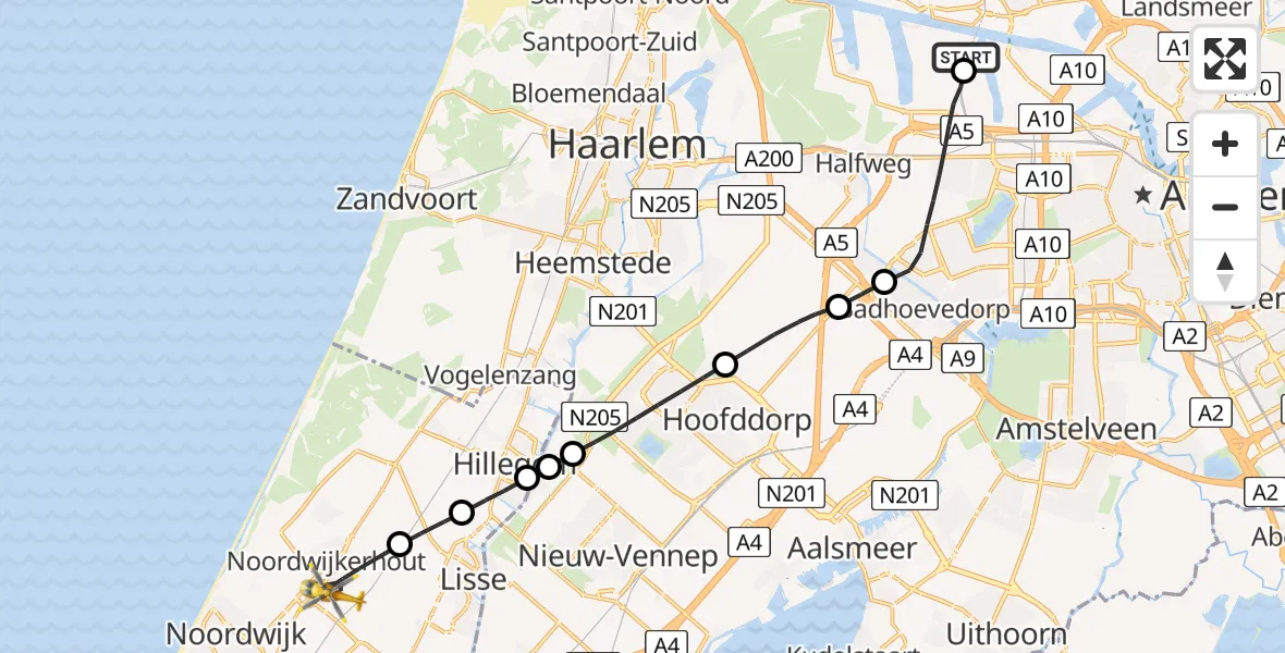 Vluchtroute Traumahelikopter Amsterdam Heliport - Noordwijkerhout, 06 juli 2026, 15:03