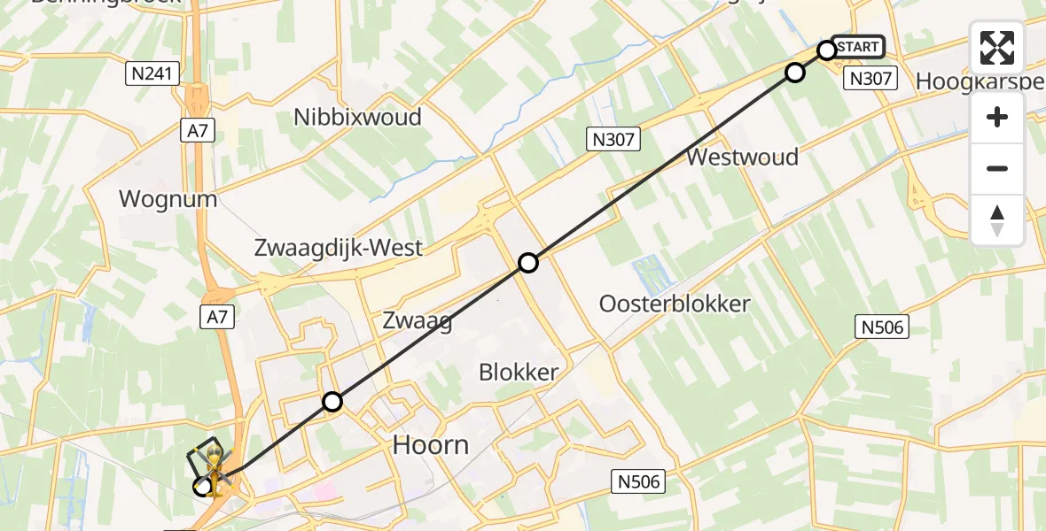 Vluchtroute Traumahelikopter Hoogkarspel - Berkhout, 06 juli 2026, 16:00