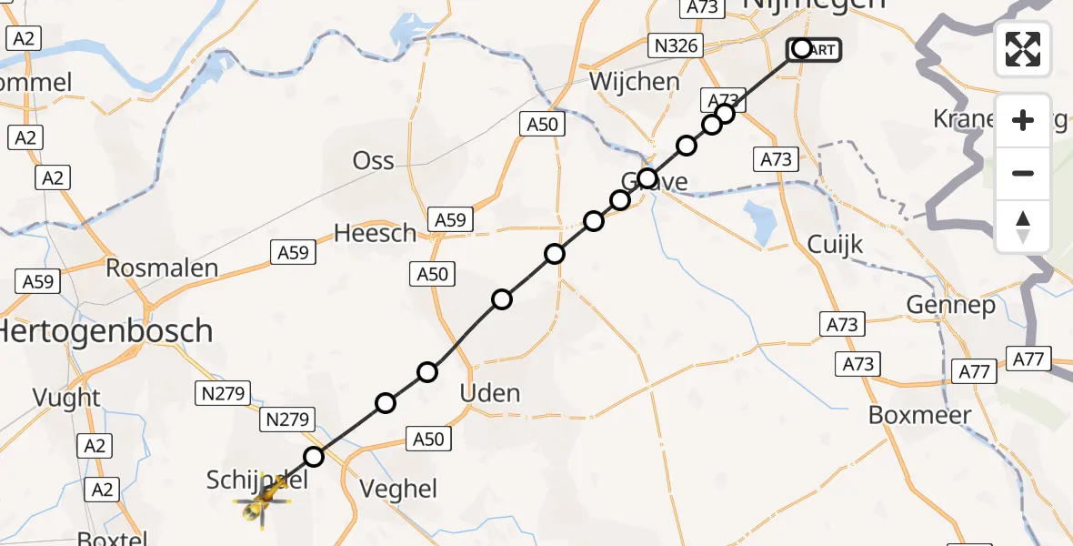 Vluchtroute Traumahelikopter Radboud Universitair Medisch Centrum - Schijndel, 06 juli 2026, 16:03