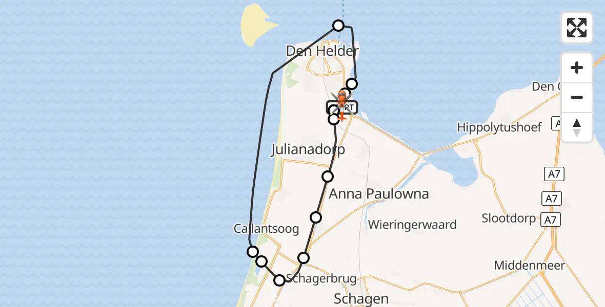 Vluchtroute Kustwachthelikopter Militair vliegveld De Kooy / Den Helder Airport - Militair vliegveld De Kooy / Den Helder Airport, 06 juli 2026, 16:06