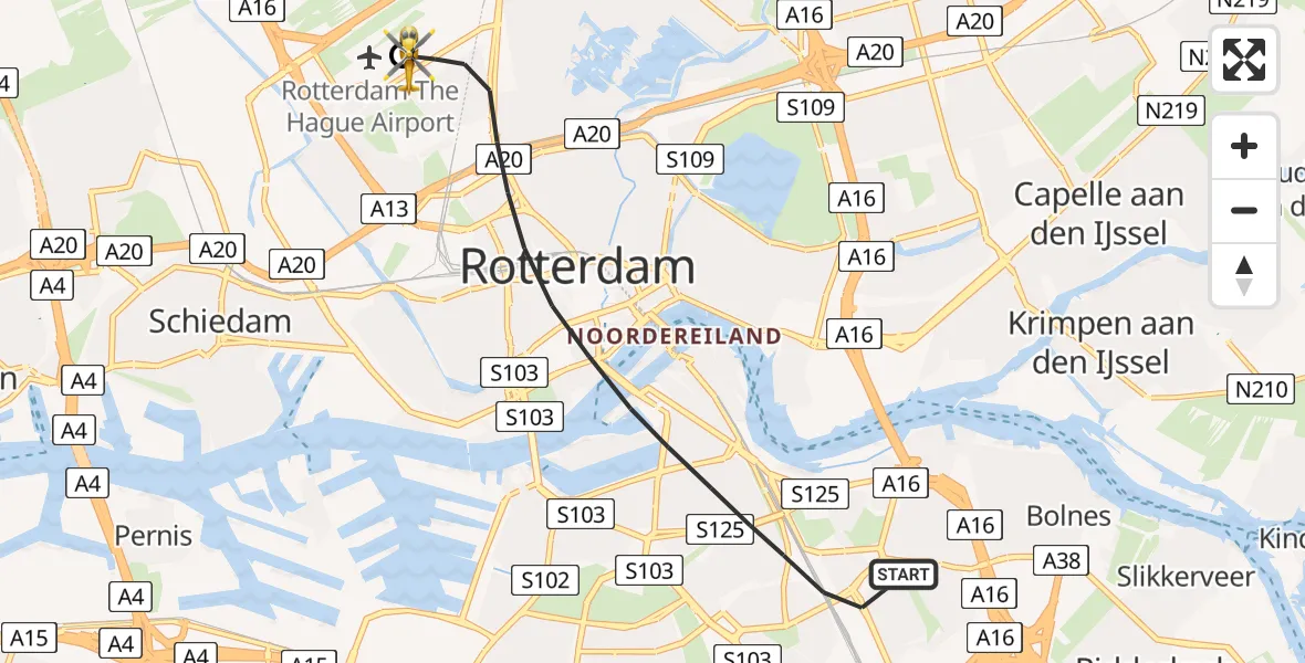 Vluchtroute Traumahelikopter Rotterdam - Rotterdam The Hague Airport, 06 juli 2026, 16:46