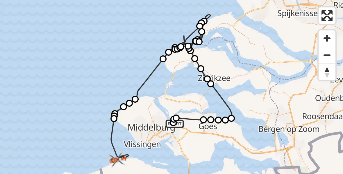 Vluchtroute Kustwachthelikopter Vliegveld Midden-Zeeland - Noordzee, 06 juli 2026, 17:10