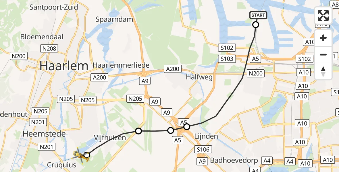 Vluchtroute Traumahelikopter Amsterdam Heliport - Cruquius, 06 juli 2026, 18:40