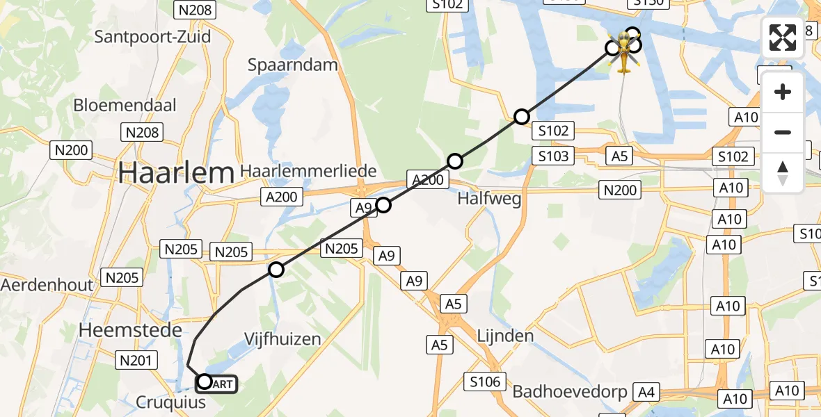 Vluchtroute Traumahelikopter Cruquius - Amsterdam Heliport, 06 juli 2026, 18:55