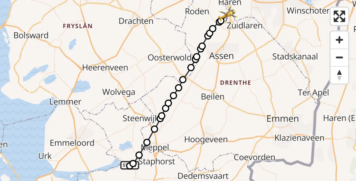 Vluchtroute Traumahelikopter Zwartsluis - Groningen Airport Eelde, 06 juli 2026, 18:57