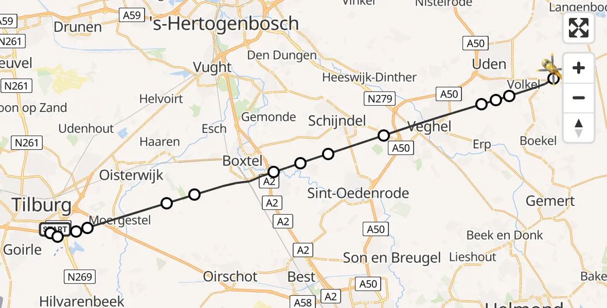 Vluchtroute Traumahelikopter St. Elisabeth Hospital Heliport - Vliegbasis Volkel, 06 juli 2026, 19:50