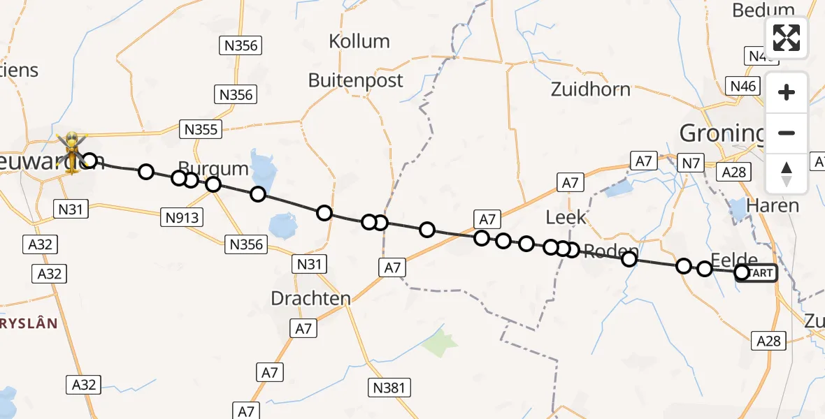 Vluchtroute Traumahelikopter Groningen Airport Eelde - Leeuwarden, 06 juli 2026, 21:02