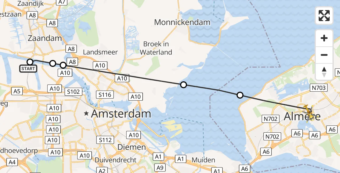 Vluchtroute Traumahelikopter Amsterdam Heliport - Almere, 06 juli 2026, 21:12