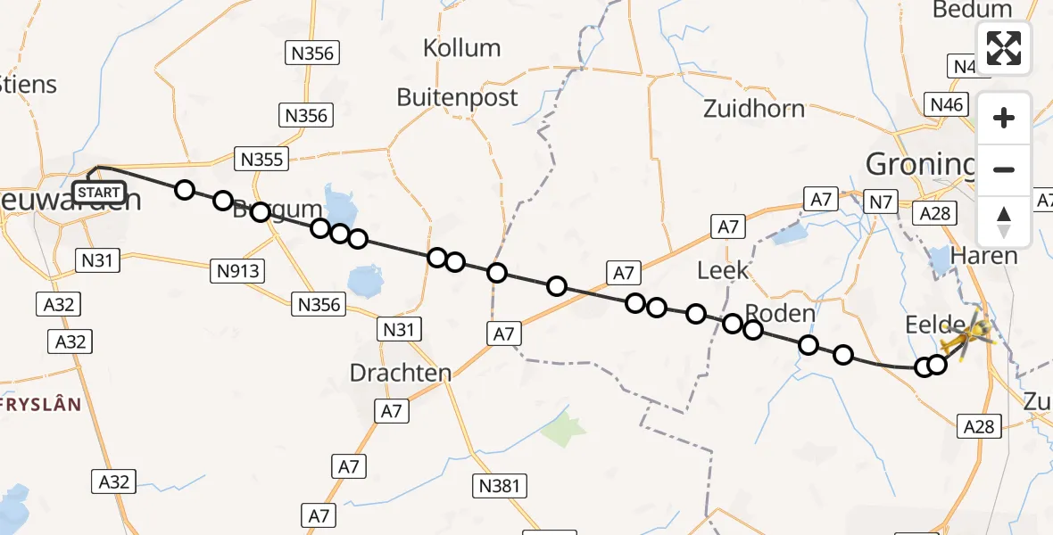 Vluchtroute Traumahelikopter Leeuwarden - Groningen Airport Eelde, 06 juli 2026, 21:29