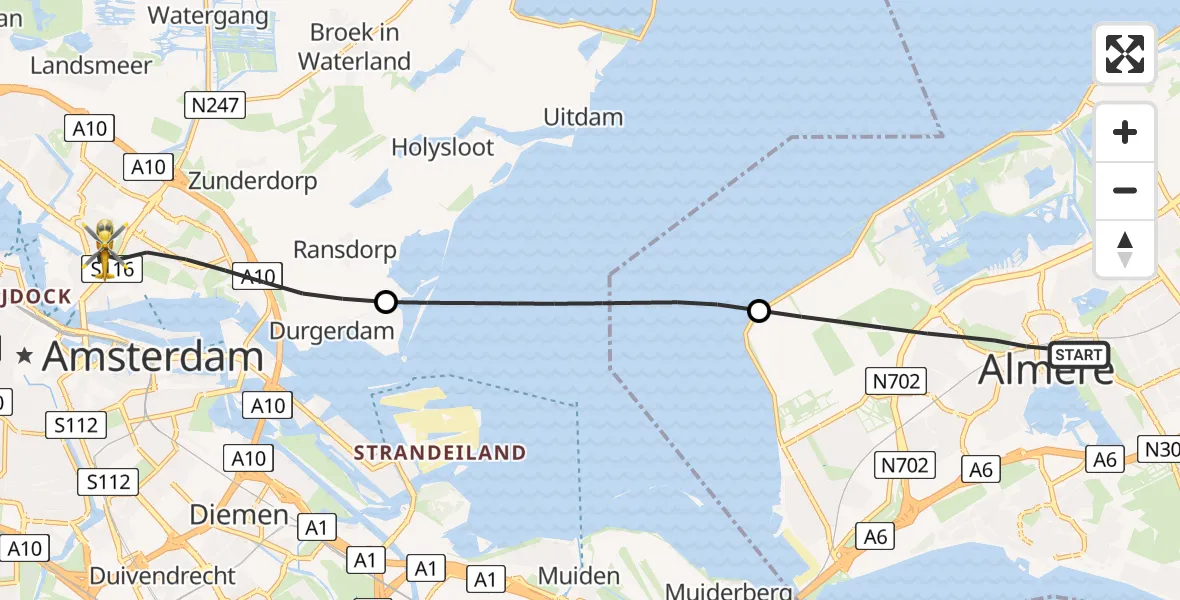 Vluchtroute Traumahelikopter Almere - Amsterdam, 06 juli 2026, 21:46