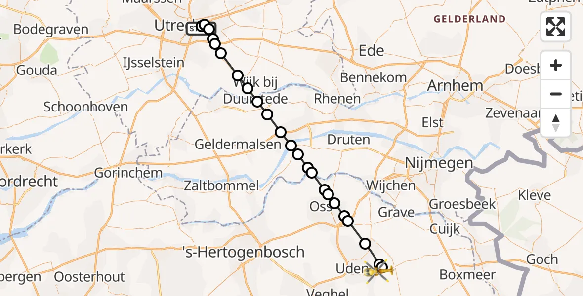 Vluchtroute Traumahelikopter Universitair Medisch Centrum Utrecht - Vliegbasis Volkel, 06 juli 2026, 23:17
