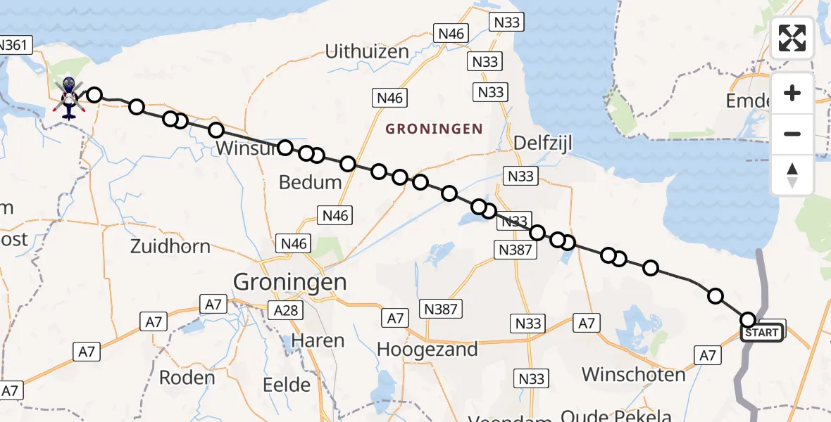 Vluchtroute Politiehelikopter Bunde - Lauwersoog, 07 juli 2026, 06:30