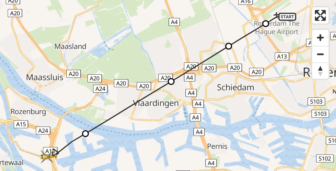 Vluchtroute Traumahelikopter Rotterdam The Hague Airport - Botlek Rotterdam, 07 juli 2026, 06:41
