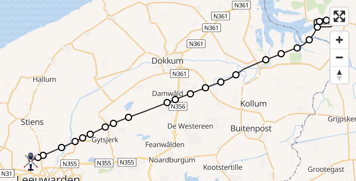 Vluchtroute Politiehelikopter Marnewaard Heliport - Vliegbasis Leeuwarden, 07 juli 2026, 06:52