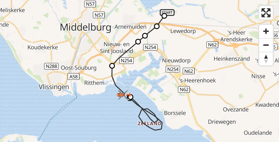 Vluchtroute Kustwachthelikopter Vliegveld Midden-Zeeland - Ritthem, 07 juli 2026, 08:50