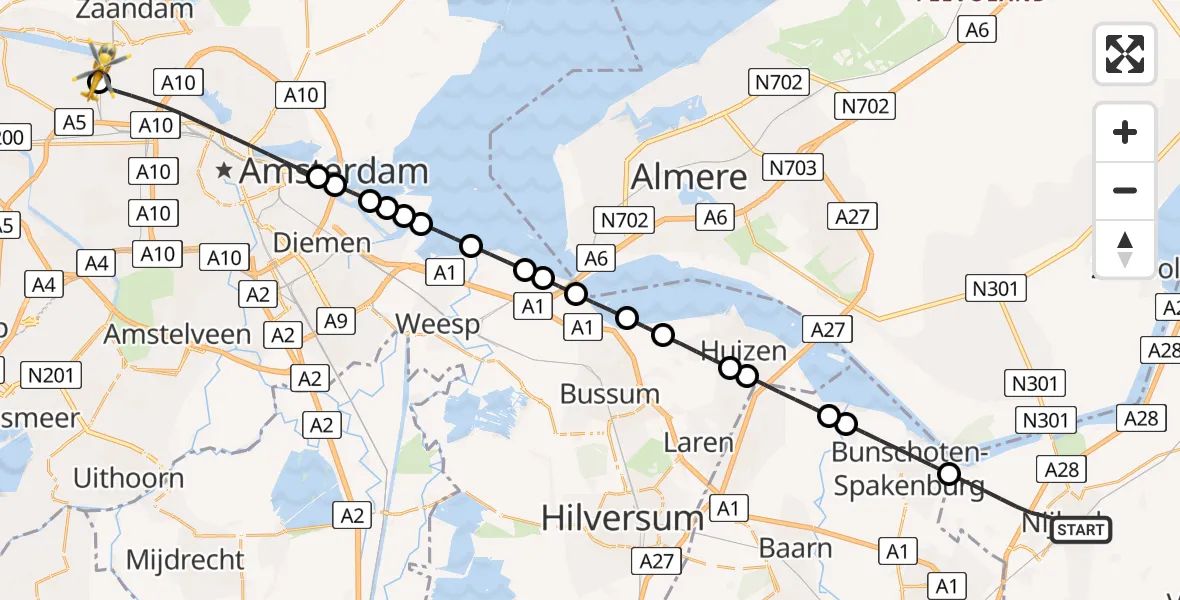 Vluchtroute Traumahelikopter Nijkerk - Amsterdam Heliport, 07 juli 2026, 08:55