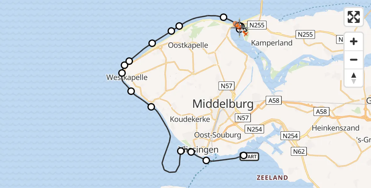 Vluchtroute Kustwachthelikopter Ritthem - Kamperland, 07 juli 2026, 09:12