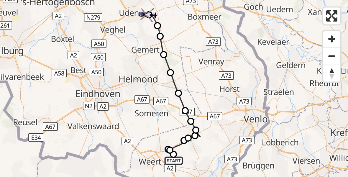 Vluchtroute Politiehelikopter Leveroy - Vliegbasis Volkel, 07 juli 2026, 11:10