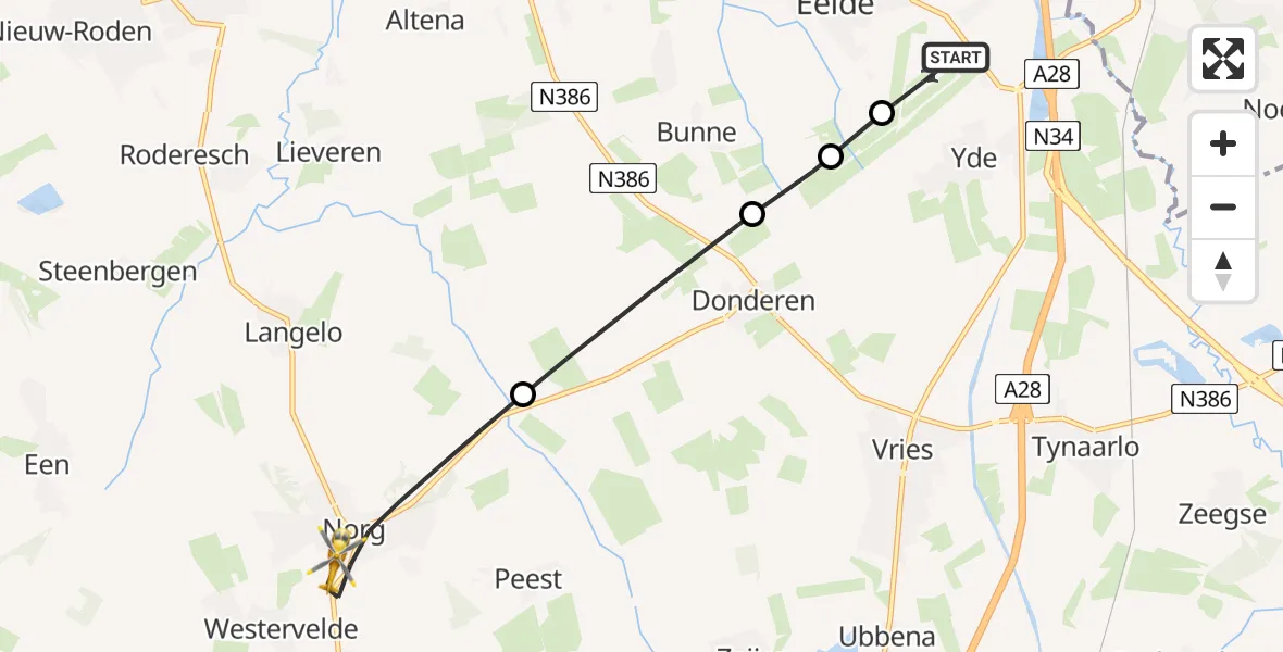 Vluchtroute Traumahelikopter Groningen Airport Eelde - Norg, 07 juli 2026, 12:29