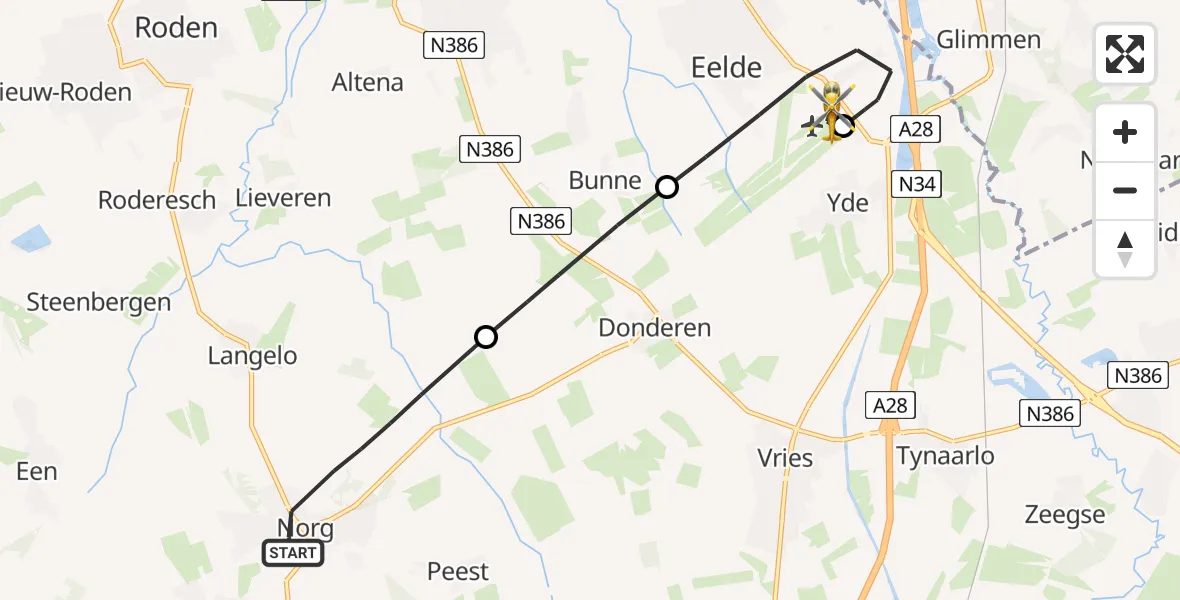 Vluchtroute Traumahelikopter Norg - Groningen Airport Eelde, 07 juli 2026, 13:08