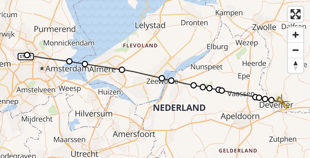 Vluchtroute Traumahelikopter Amsterdam Heliport - Deventer, 07 juli 2026, 14:17