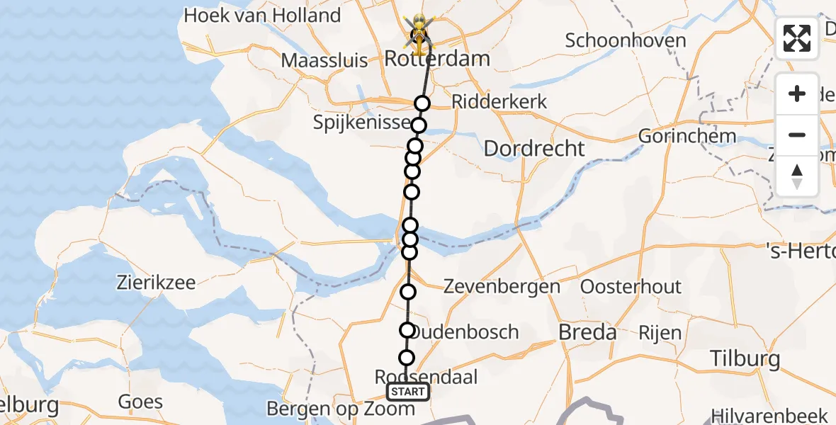 Vluchtroute Traumahelikopter Roosendaal - Rotterdam The Hague Airport, 07 juli 2026, 15:01