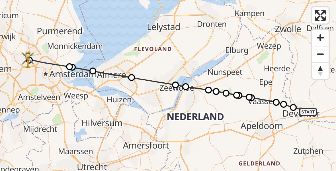 Vluchtroute Traumahelikopter Deventer - Amsterdam Heliport, 07 juli 2026, 15:07