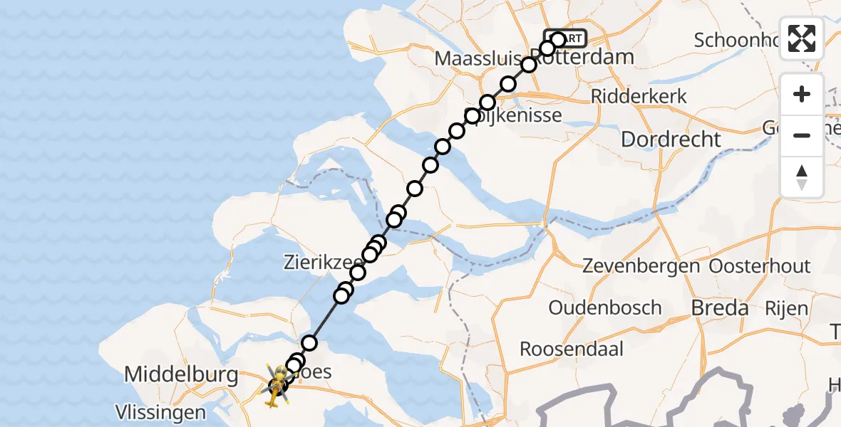 Vluchtroute Traumahelikopter Rotterdam The Hague Airport - Heinkenszand, 07 juli 2026, 16:08