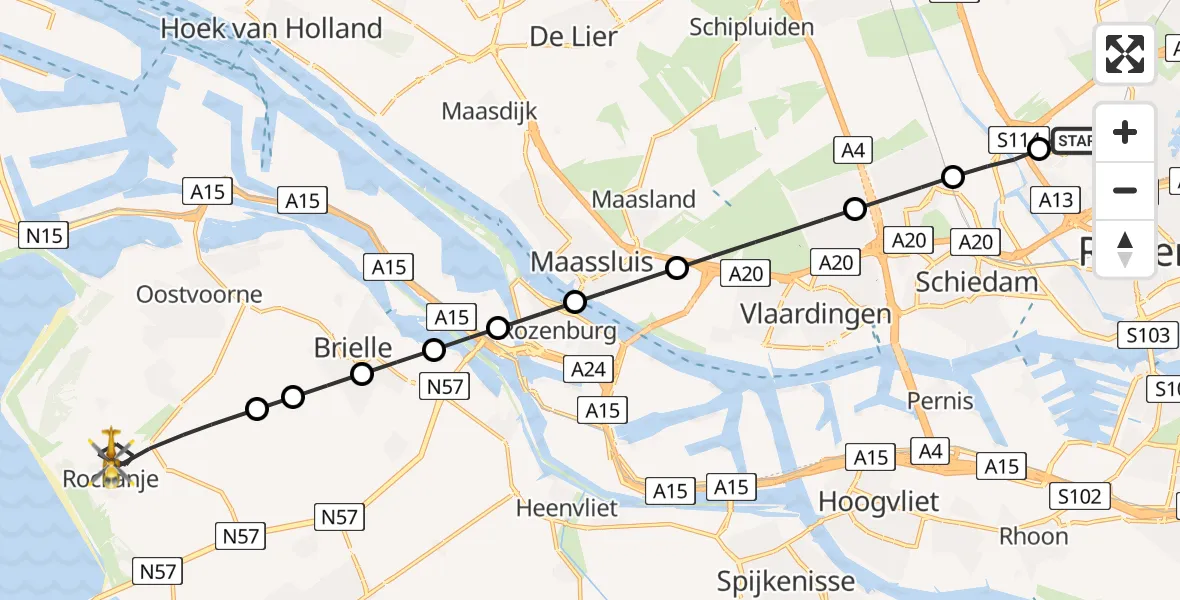 Vluchtroute Traumahelikopter Rotterdam The Hague Airport - Rockanje, 07 juli 2026, 18:00