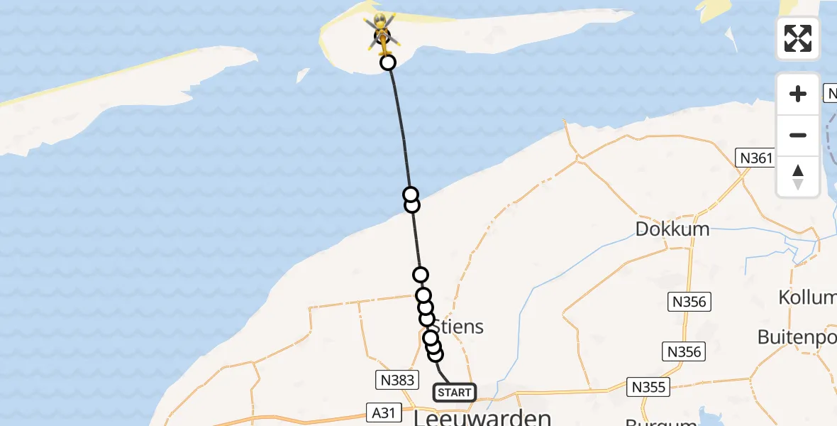 Vluchtroute Ambulancehelikopter Vliegbasis Leeuwarden - Ameland Vliegveld Ballum, 07 juli 2026, 18:11