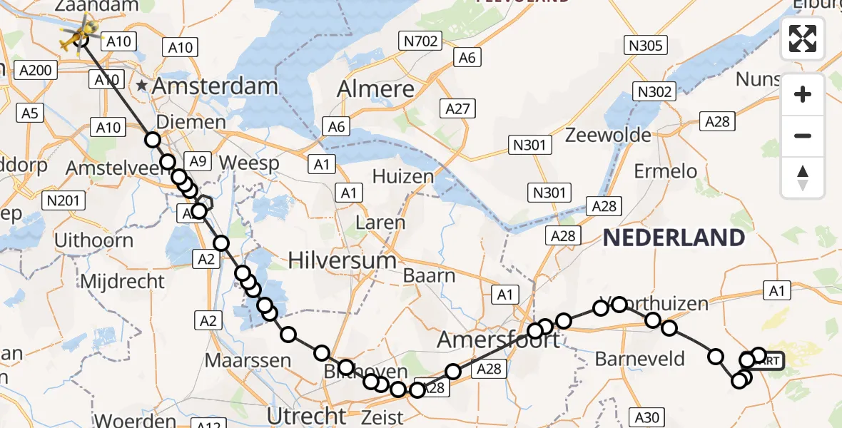 Vluchtroute Traumahelikopter Harskamp - Amsterdam Heliport, 07 juli 2026, 18:30