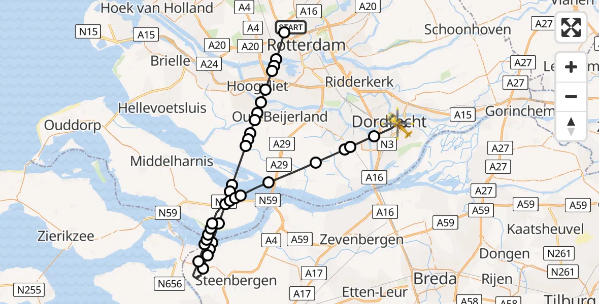 Vluchtroute Traumahelikopter Rotterdam The Hague Airport - Dordrecht, 07 juli 2026, 21:18