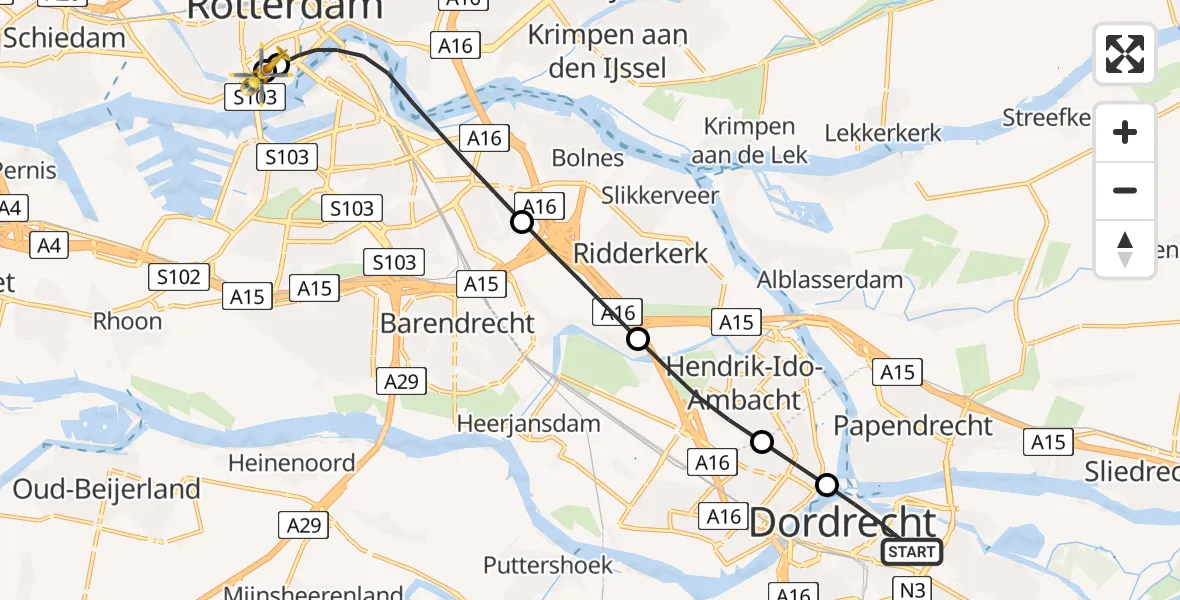 Vluchtroute Traumahelikopter Dordrecht - Leids Universitair Medisch Centrum (LUMC), 07 juli 2026, 22:06