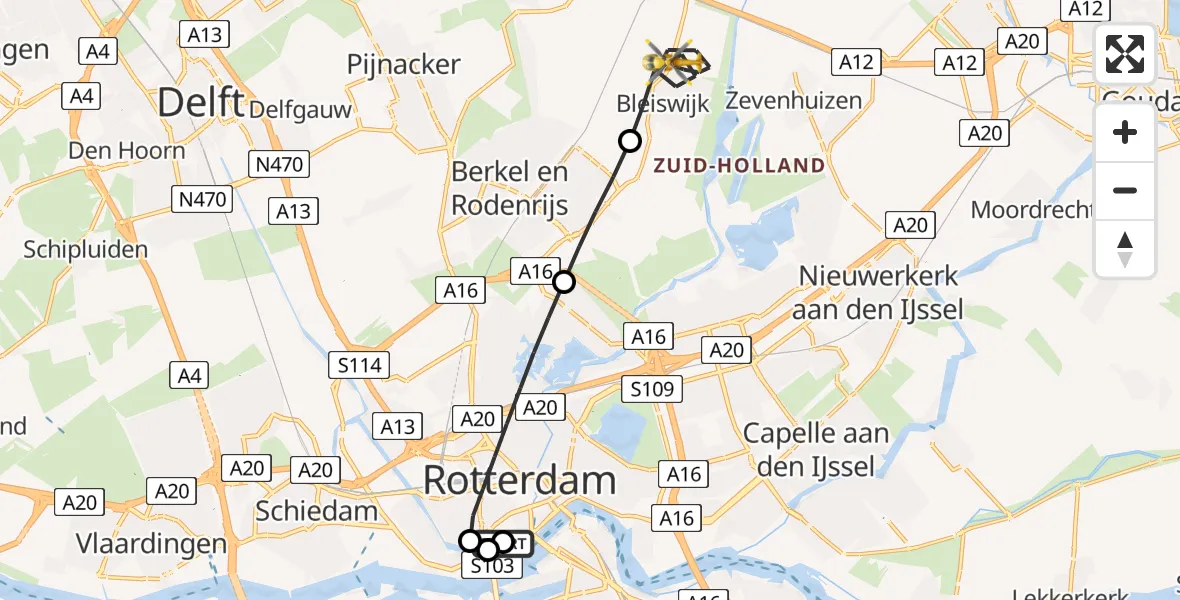 Vluchtroute Traumahelikopter Leids Universitair Medisch Centrum (LUMC) - Bleiswijk, 07 juli 2026, 22:40