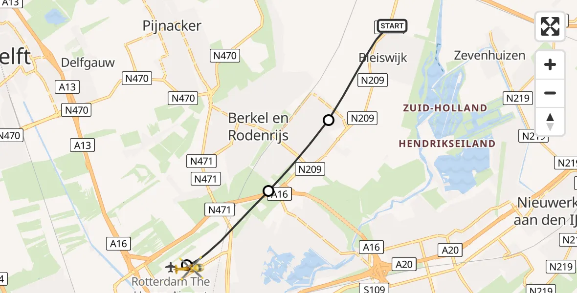 Vluchtroute Traumahelikopter Bleiswijk - Rotterdam The Hague Airport, 07 juli 2026, 23:06
