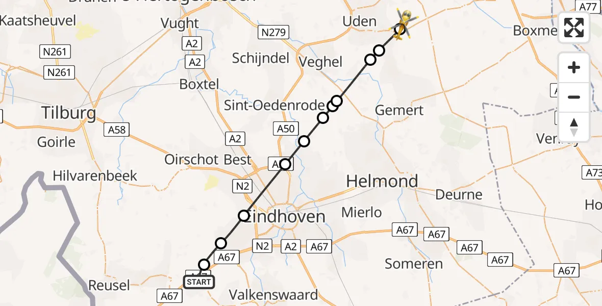 Vluchtroute Traumahelikopter Eersel - Vliegbasis Volkel, 08 juli 2026, 02:10