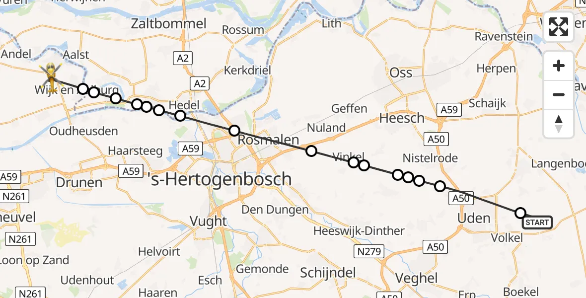 Vluchtroute Traumahelikopter Vliegbasis Volkel - Wijk en Aalburg, 08 juli 2026, 07:15
