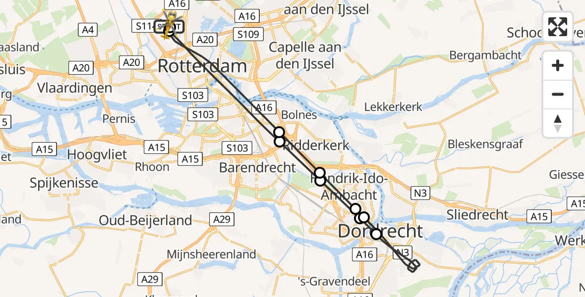 Vluchtroute Traumahelikopter Rotterdam The Hague Airport - Rotterdam The Hague Airport, 08 juli 2026, 07:28
