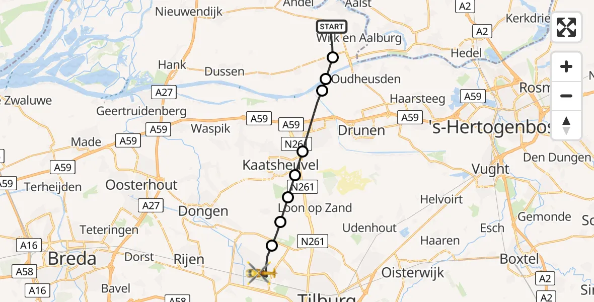 Vluchtroute Traumahelikopter Wijk en Aalburg - Tilburg, 08 juli 2026, 07:47