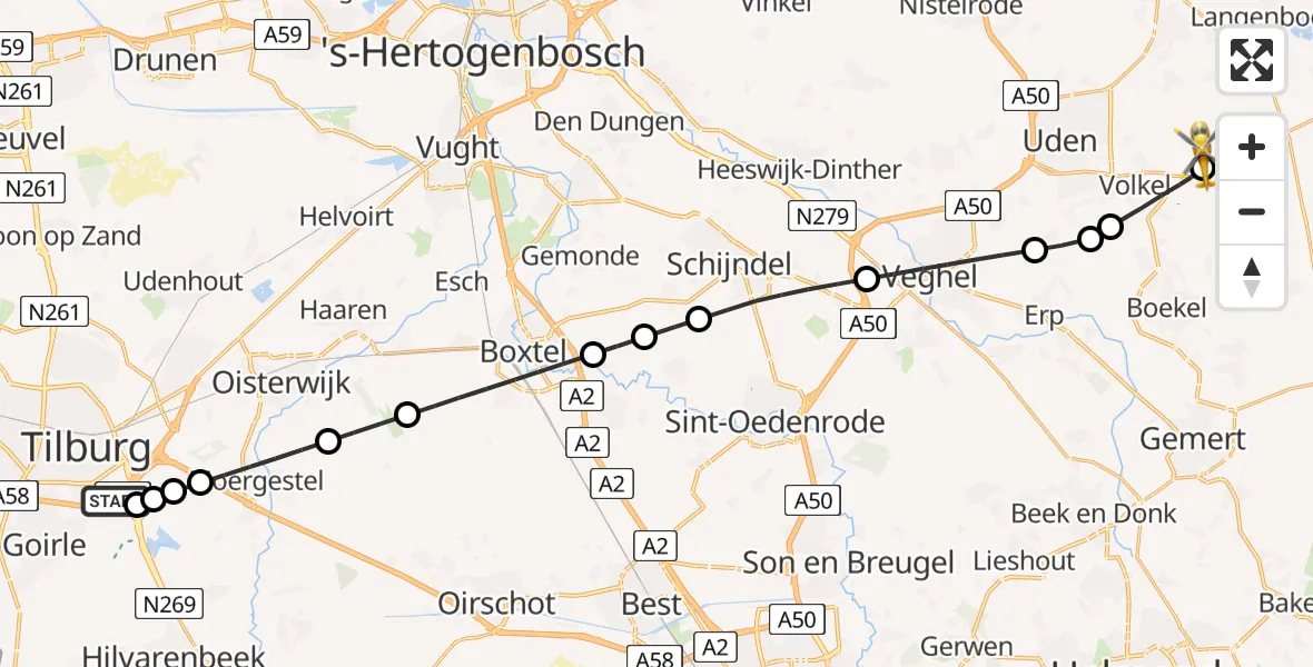 Vluchtroute Traumahelikopter St. Elisabeth Hospital Heliport - Vliegbasis Volkel, 08 juli 2026, 08:55