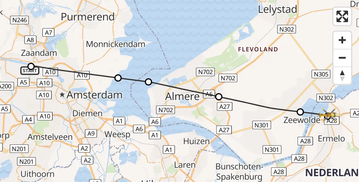 Vluchtroute Traumahelikopter Amsterdam Heliport - Harderwijk, 08 juli 2026, 09:24