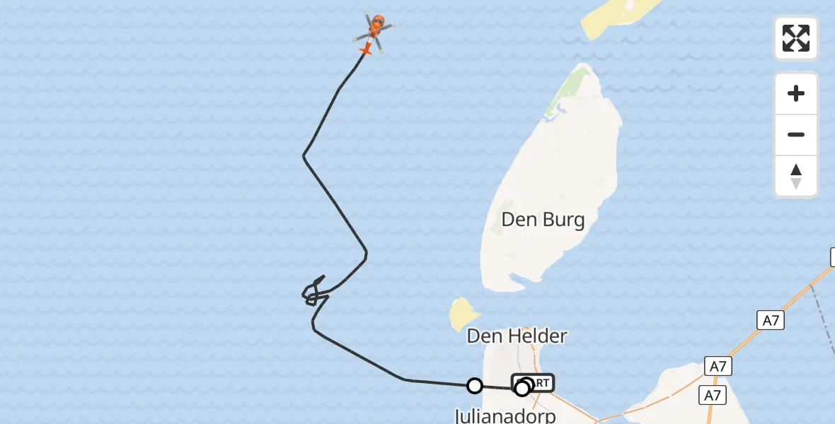 Vluchtroute Kustwachthelikopter Militair vliegveld De Kooy / Den Helder Airport - Noordzee, 08 juli 2026, 13:15