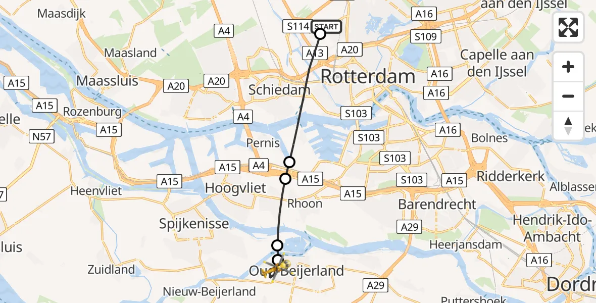 Vluchtroute Traumahelikopter Rotterdam The Hague Airport - Oud-Beijerland, 08 juli 2026, 13:51
