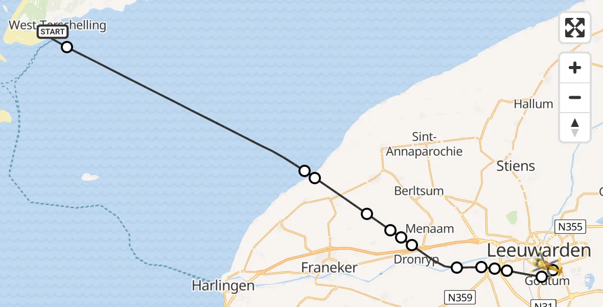 Vluchtroute Ambulancehelikopter West-Terschelling - Leeuwarden Medical Center Heliport, 08 juli 2026, 14:11