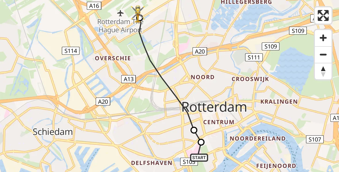 Vluchtroute Traumahelikopter Erasmus MC - Rotterdam The Hague Airport, 08 juli 2026, 14:41