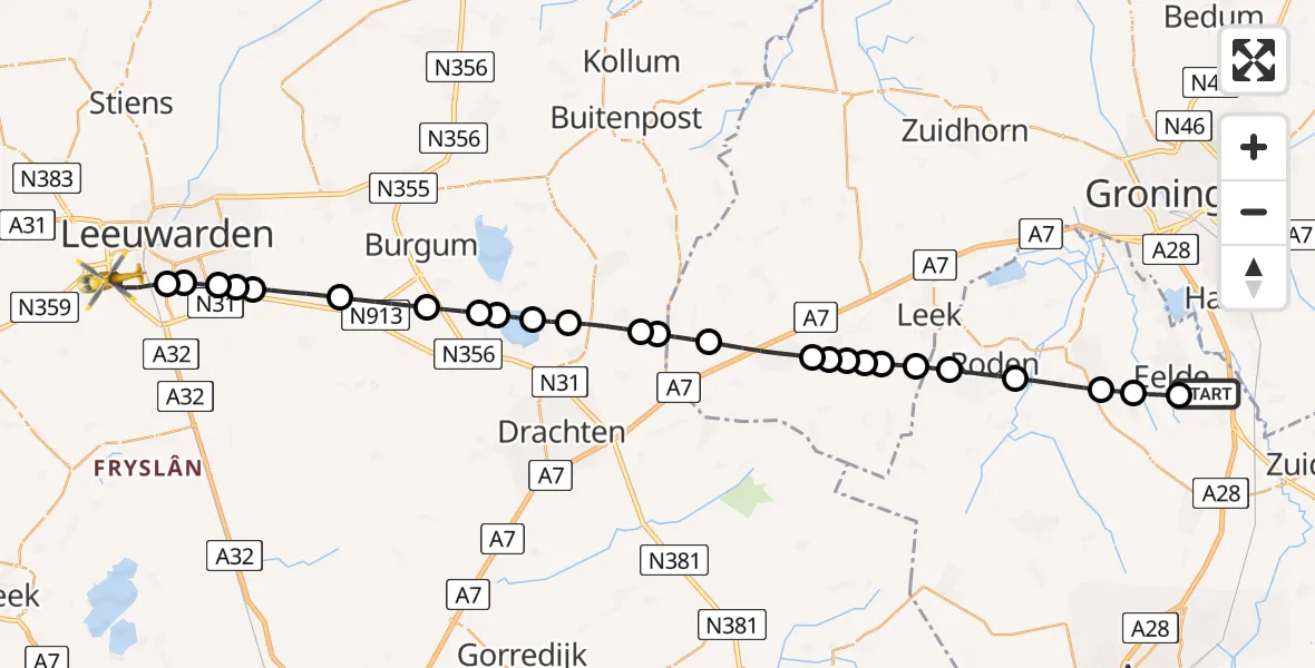 Vluchtroute Traumahelikopter Groningen Airport Eelde - Leeuwarden, 08 juli 2026, 16:17