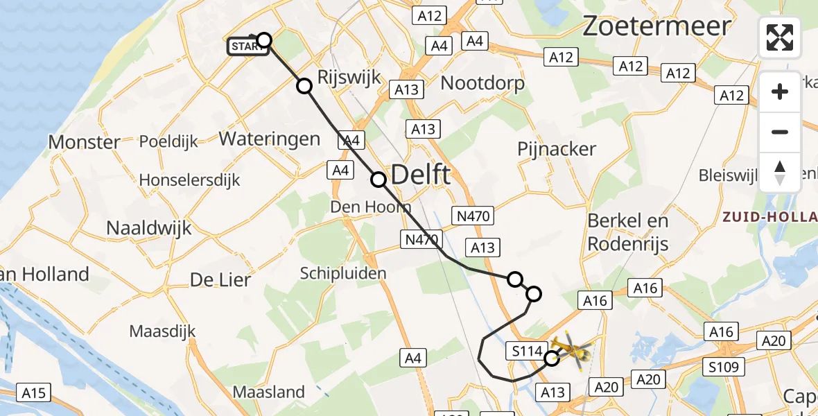 Vluchtroute Traumahelikopter HagaZiekenhuis Den Haag Heliport - Rotterdam The Hague Airport, 08 juli 2026, 16:34